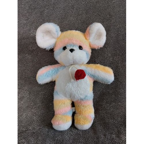 Peluche Souris Multicolore Pompon Rouge - Nounours - Doudou Ours Arc En Ciel Vintage