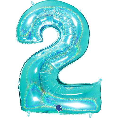 BALLON ALU CHIFFRE 2 102CM TURQUOISE HOLOGRAPHIQUE