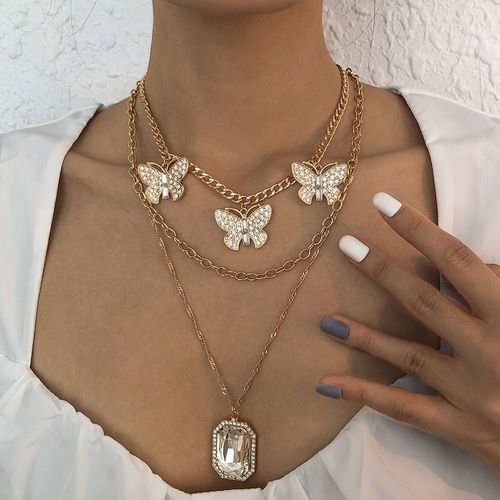 Pendentif En Diamant De Verre Collier Papillon Collier En Alliage Collier Multicouche,Cadeau Femme