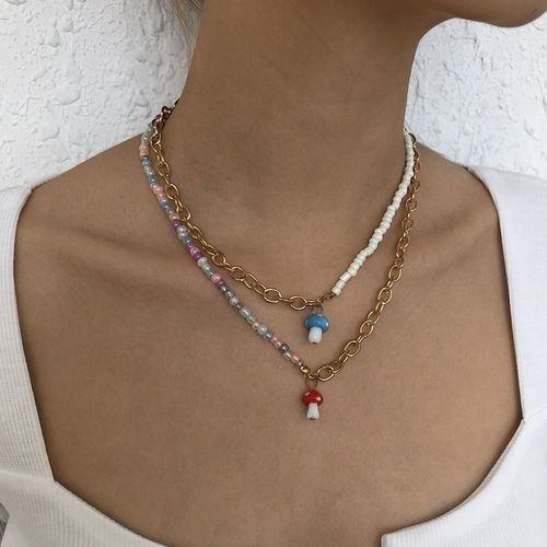 Collier Incrusté De Perles, Collier En Résine, Petit Champignon,Cadeau Femme