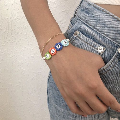 Bracelet À Perles De Riz Lettre Bracelet À Double Couche En Résine,Cadeau Femme