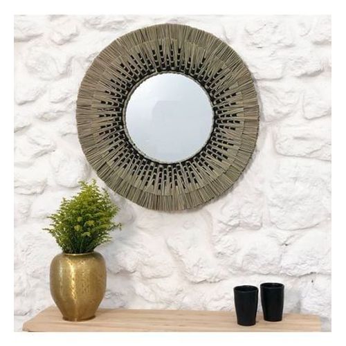 Miroir rond en paille de mendong - Taille unique