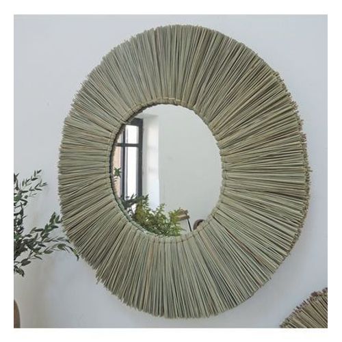Miroir rond en paille de mendong - Taille unique