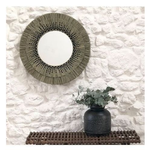 Miroir rond en paille de mendong - Taille unique