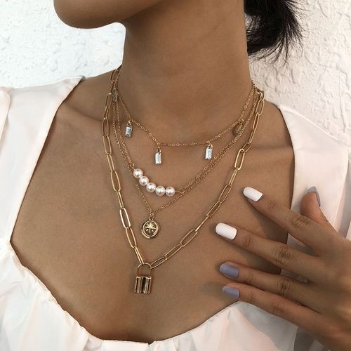 Collier Géométrique Multicouche En Alliage De Perle,Cadeau Femme