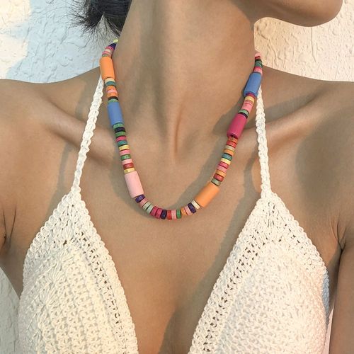 Collier Collier De Perles En Bois De Couleur Géométrique,Cadeau Femme