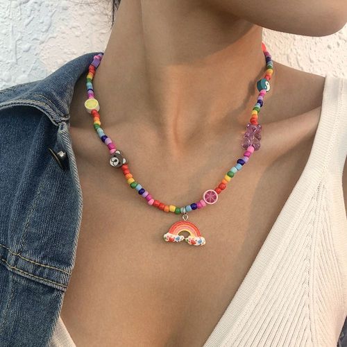 Collier De Perles De Riz Coloré Collier D'ours En Céramique Molle Collier De Dessins Animés Arc - En - Ciel Pendentif Femme Enchaînée