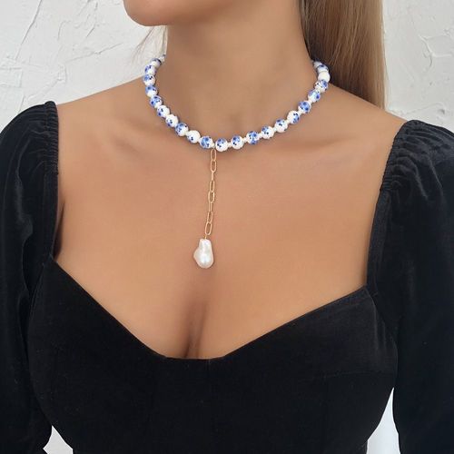 Pendentif En Perle Bleu Et Blanc