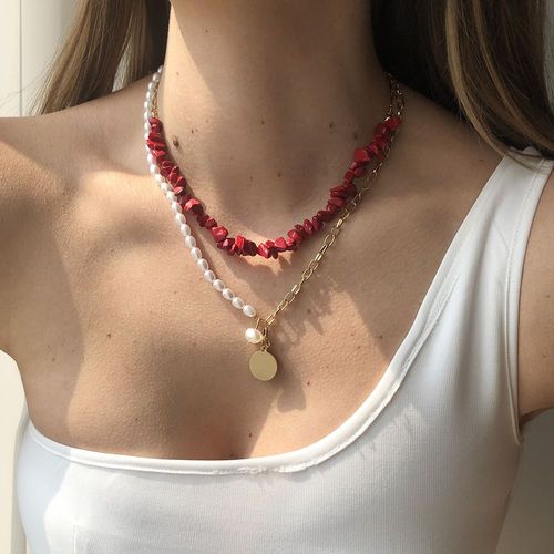 Collier À Double Couche, Pendentif À Disque, Collier De Contraste De Perle