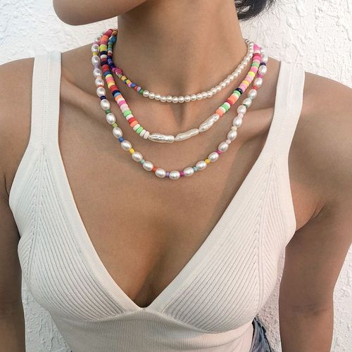 Collier De Perles De Riz Hip - Hop Imitant Un Collier En Alliage De Perles Ensemble De Chaînes En Résine Pour Femmes