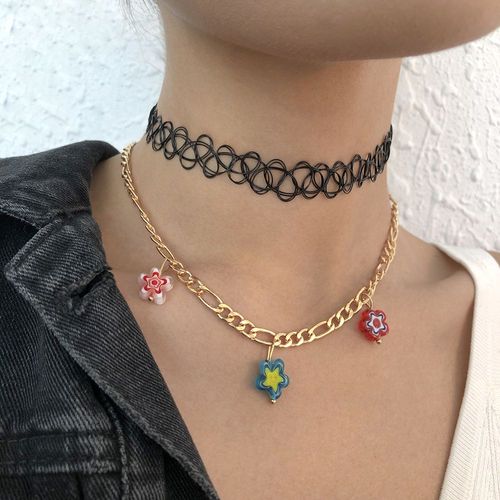 Collier En Fil De Poisson Collier En Métal De Fleur De Résine Collier Multicouche