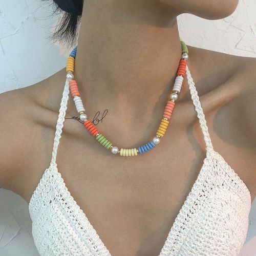 Collier De Perles En Résine Couleur Géométrie Chaîne Courte,Cadeau Femme