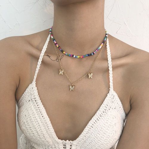 Perles De Riz Colorées Double Diamant Papillon Chaîne Collier Femme