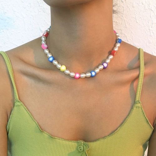 Collier En Céramique Molle Imité De Perle Colorée Chaîne Claviculaire En Alliage