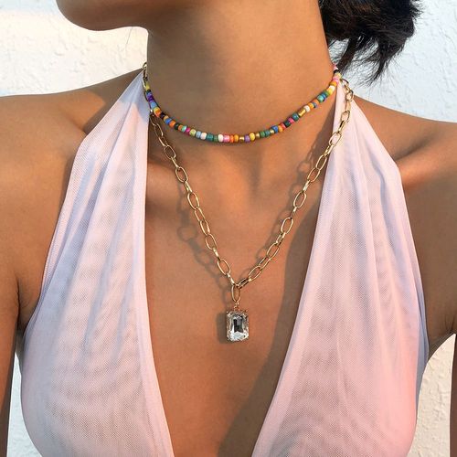 Collier À Double Couche En Diamant Imité Collier En Alliage De Perles De Riz Coloré,Cadeau Femme