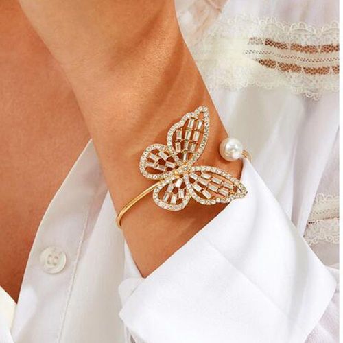 Bracelet En Diamant Scintillant Creux Incrusté Perle Papillon Bracelet Ouvert Réglable,Cadeau Femme
