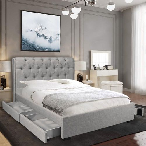 Lit Chelsea 160x200 + 4 Tiroirs + Sommier / Gris Clair/ 218x178x116cm