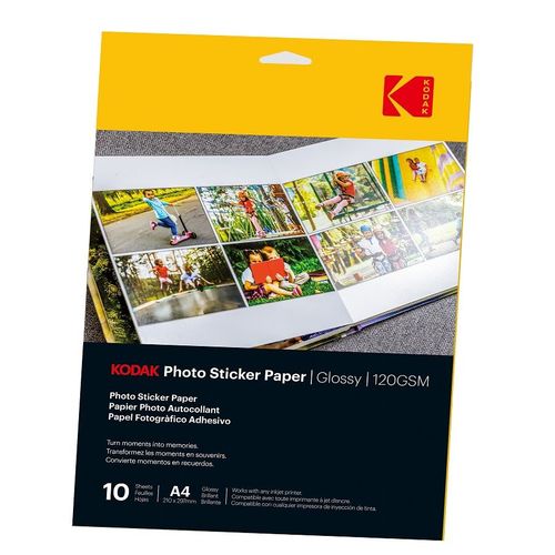 KODAK Photo Sticker Paper - Pack de 10 feuilles de papier photo autocollant - Format 21 x 29.7 cm (A4) - Finition brillante - 120 gsm - Compatible avec imprimantes jet d'encre