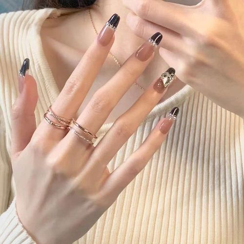 Faux Ongles Noir Français Longue Tenue Ongle Strass Amour Chaîne Amovible Faux Ongle Ongle Pièce Ongle Autocollant Manucure Ongle(72pcs) 