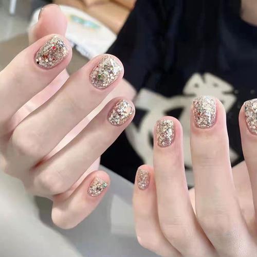 Faux Ongles Nail Art Patch Short Shiny Fragments Champagne White Finished Nail Art Wearable(72pcs) 