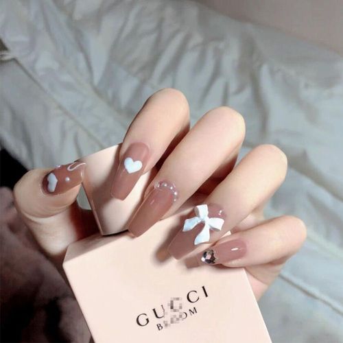 Faux Ongles Ongles Français Peau Nue Ton Point Diamant Perle Arc Ballet Ongle Ultra-Mince Longue Tenue Ongle(72pcs) 