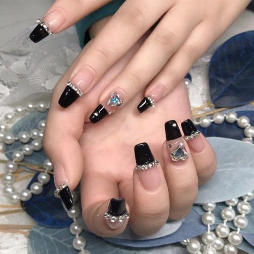 Faux Ongles Wearable Love Crystal Black French Ballet Nail Long Fashion Wearable Nails Ongles Ongles(72pcs) 