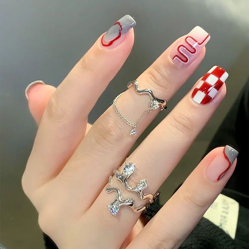 Faux Ongles Faux Ongles Bord Gris Damier Rouge Et Blanc Ongles Rayés Tête Plate Longue Tenue Manucure(72pcs) 