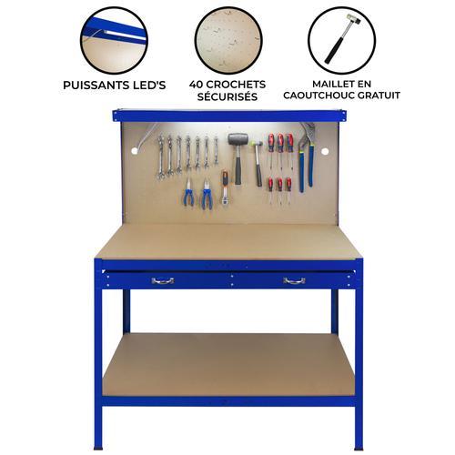 Etabli Bleu Métallique de Travail avec Tiroirs & Panneaux Perforés [40 Crochets & Maillet] Capacité 370 KG LED Intégré Bricolage, Atelier, Garage-Rangement-Plan de Travail 120 x 60cm