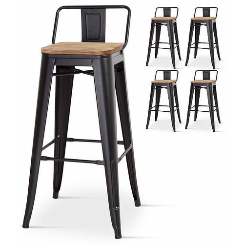 Kosmi - Lot De 4 Tabourets De Bar En Métal Noir Mat Style Industriel Avec Dossier Et Assise En Bois Clair - Hauteur 66cm