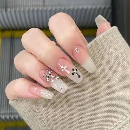 ?72 Pièces Faux Ongles?Poudre D'or À Motif De Croix Nue Longue Tenue Patch De Manucure Fini Pour Ongles Faux Ongle Pièce D'ongle Amovible 