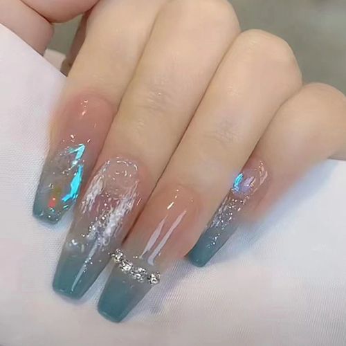 ?72 Pièces Faux Ongles?Ongles De Ballet Changement De Lumière Relief Tridimensionnel Camélia Dégradé Couleur Brume Bleu Longue Tenue Produits Pour Les Ongles 