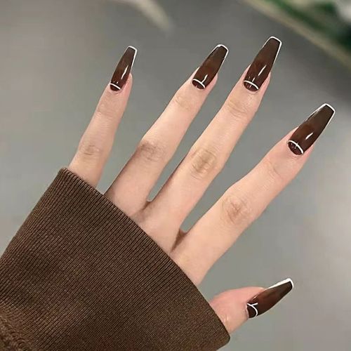 ?72 Pièces Faux Ongles?Ongle Français Semi-Transparent Brun Foncé Longue Tenue Fini Manucure Amovible Ongle Européen Et Américain Faux Ongle Pâte À Ongles 