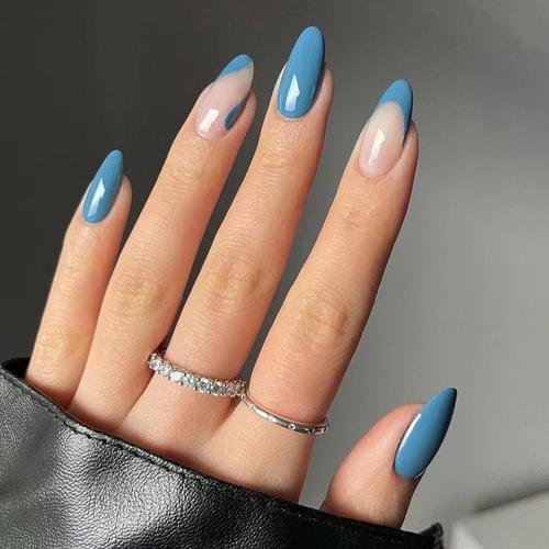?72 Pièces Faux Ongles? Wear A French Manucure Blue Nail Patch Court Rond Faux Ongles Presse Sur Ongle 