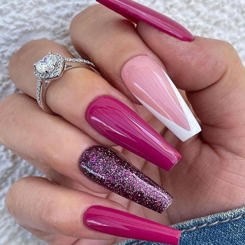 ?72 Pièces Faux Ongles?Faux Ongles Nail Patch Prune French Manucure Glitter Nail Patch Presse Sur Les Ongles 
