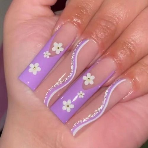 ?72 Pièces Faux Ongles?Pièce De Manucure Pour Ongles Violet Longue Tenue De Ballet Ongle Fini Petite Ligne De Fleur Or Poudre Ongle Patch Faux Ongle 