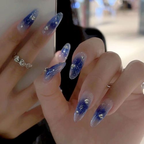 ?72 Pièces Faux Ongles?Faux Autocollants Pour Ongles Europe Et États-Unis Brouillard Bleu Cristal Point Transparent Perceuse Ballet Armure Longue Tenue Produits Pour Les Ongles 