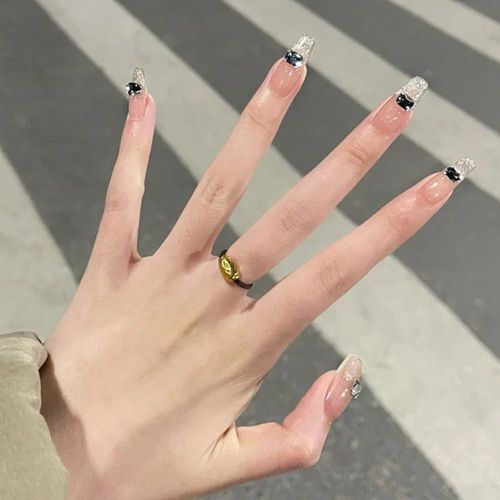 ?72 Pièces Faux Ongles?Autocollants Pour Ongles En Cristal Français Noir Scintillant Armure De Ballet Amovible Pratique Portant Un Morceau D'ongle Fini 