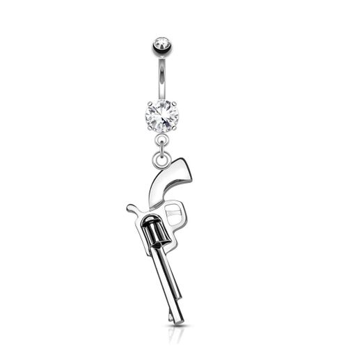 Piercing Nombril Ventre Boule Pistolet Revolver Arme Perle Bijoux Acier Chirurgical Inoxydable Anti Allergique Banane Barbell Dragan Gris Argenté Lovepiercing