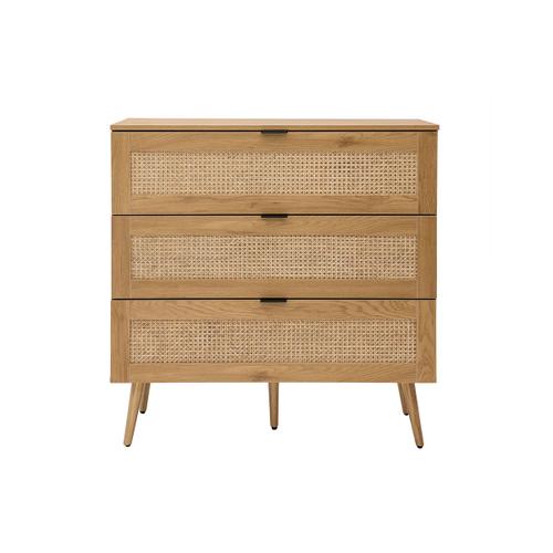 Commode En Bois Clair, Cannage De Rotin Et Métal Noir 3 Tiroirs L100 Cm Manille