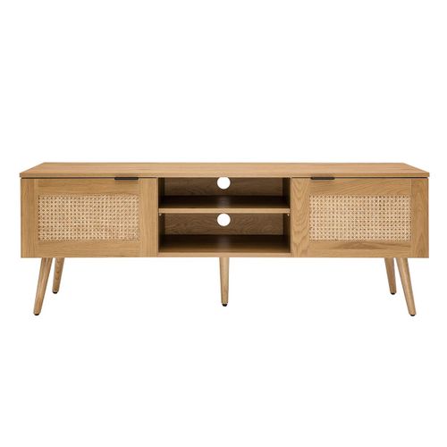 Meuble Tv Bois Clair, Cannage Rotin Et Métal Noir 2 Portes L140 Cm Manille