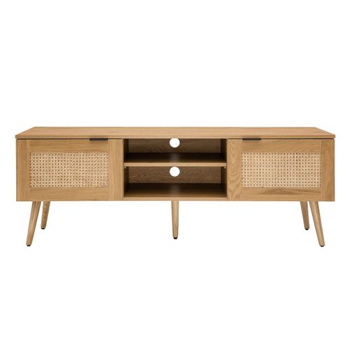 Meuble Tv Bois Clair, Cannage Rotin Et Métal Noir 2 Portes L140 Cm Manille