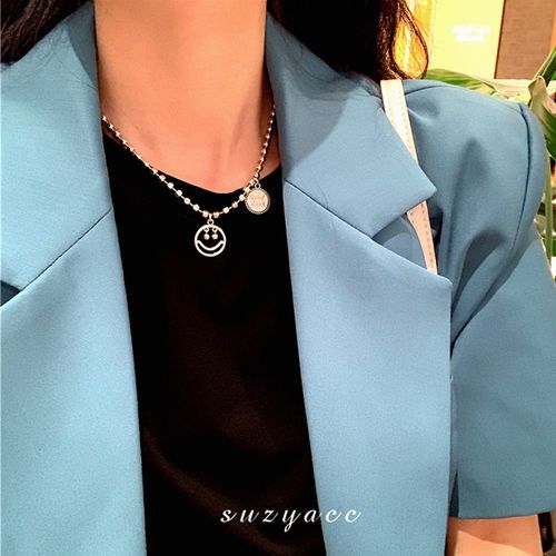 Bijoux Femme S925 Collier Souriant Plaqué Argent Pour Femmes Pendentif Rond Chaîne Courte