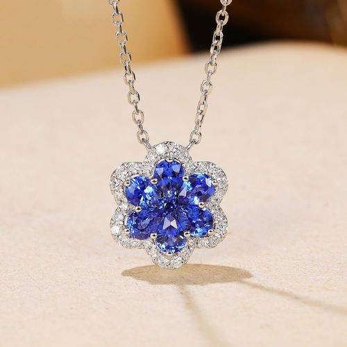 Bijoux Femme Platine Mini - Set White Zirconium Saphir Blue Diamond Flower Collier Women's Clavicular Chain