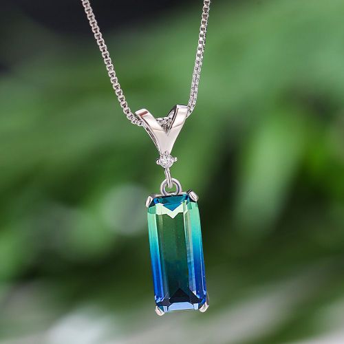 Cadeau Platine Rose Or Quatre Griffes Bleu - Vert Diamant Multicolore Collier Rectangulaire Pour Femmes