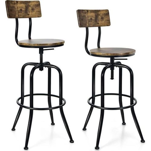 Costway 2 Tabourets De Bar,Style Industriel,Hauteur Réglable De 69 À 76 Cm Avec Dossier Et Repose-Pieds,Cadre En Métal