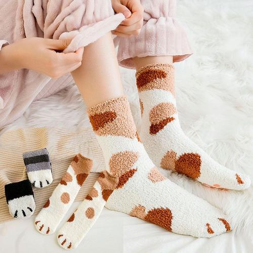 Chaussettes De Sommeil Chaussettes Mensuelles Pour Femmes Modèles De Plancher Adulte Tapis Chat Pattes Chaussettes Antidérapantes Polaire Corail[5 Paires]