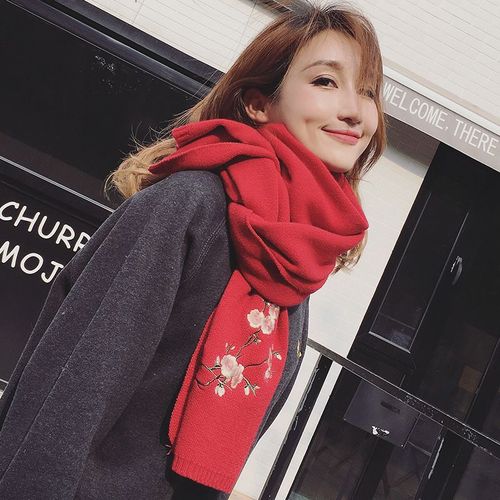 Écharpe Broderie Prune Écharpe Chaude Châle Femme Couleur Solide Tricoté Laine Longue Écharpe Épaissie #Lvg215