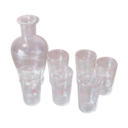 Service A Liqueur Compos Daposune Carafe En Verre Rouge De 6 Verres Momie Et Daposun Petit Plateau En Verre Avec Des Bouquets De Fleurs Peintes A La Main Vintage 1950 Transparent