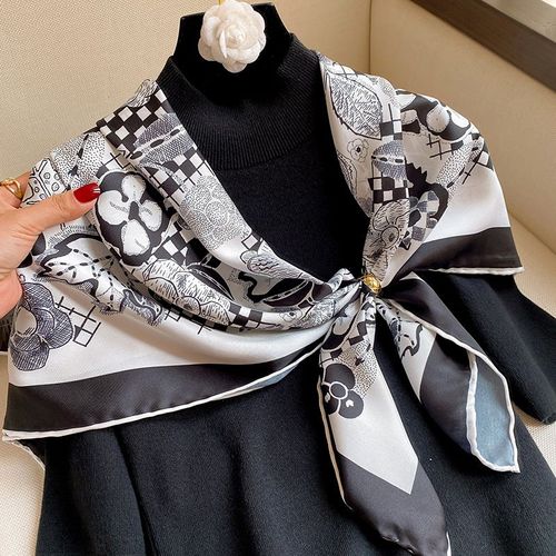 Echarpe Décorative En Sergé Noir Garni De Soie Pour Femmes Imprimée Grand Carré Foulard #Lvg3574