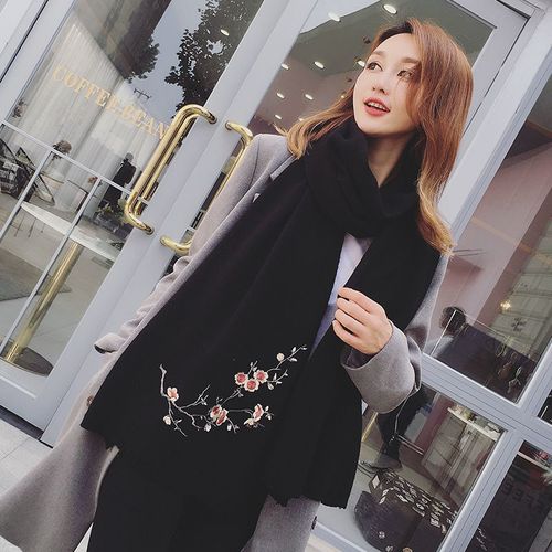 Écharpe Broderie Prune Écharpe Chaude Châle Femme Couleur Solide Tricoté Laine Longue Écharpe Épaissie #Lvg4307